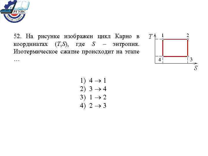 52. На рисунке изображен цикл Карно в координатах (T, S), где S энтропия. Изотермическое