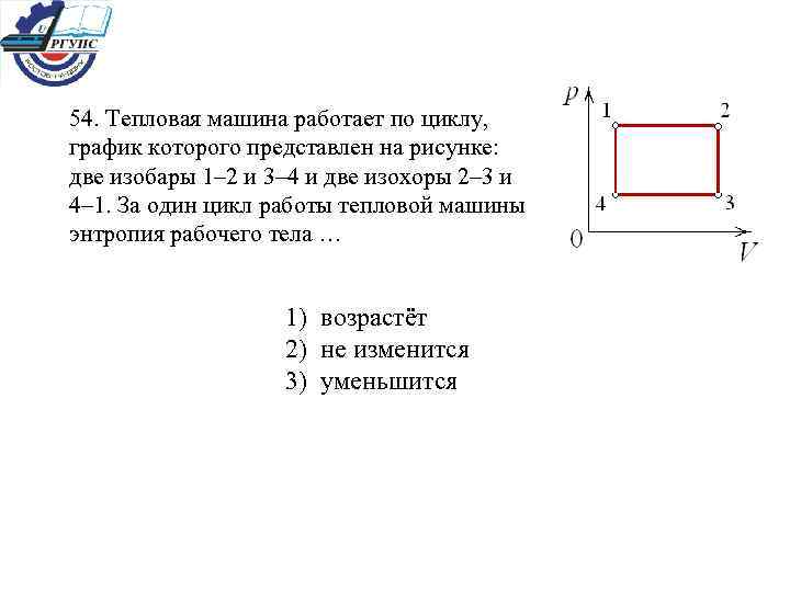 54. Тепловая машина работает по циклу, график которого представлен на рисунке: две изобары 1–