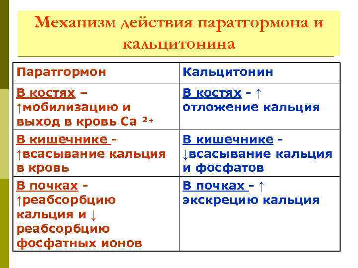 Механизм действия паратгормона и кальцитонина Паратгормон Кальцитонин В костях – ↑мобилизацию и выход в