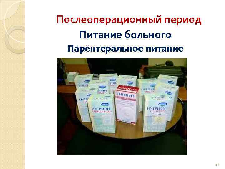 Послеоперационный период Питание больного Парентеральное питание 34 