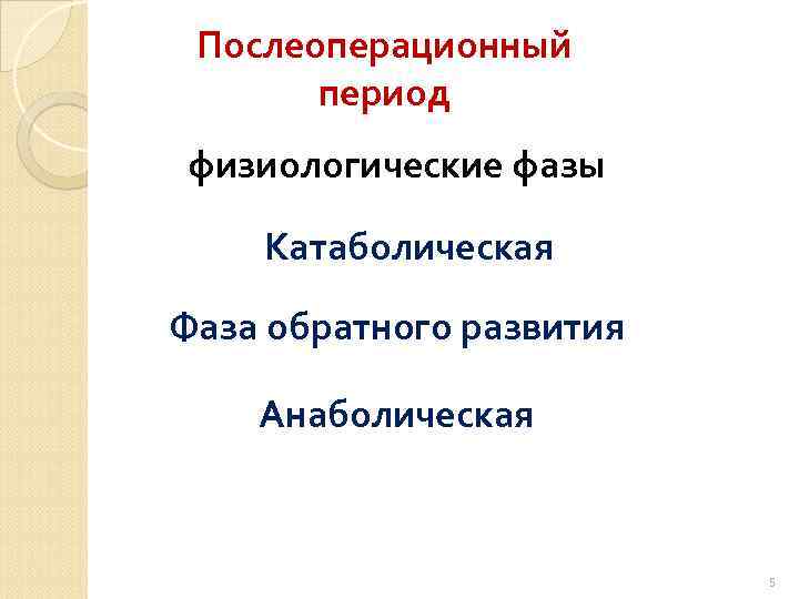 Послеоперационный период физиологические фазы Катаболическая Фаза обратного развития Анаболическая 5 