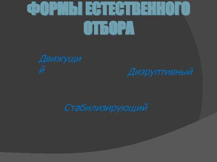 ФОРМЫ ЕСТЕСТВЕННОГО ОТБОРА Движущи й Дизруптивный Стабилизирующий 