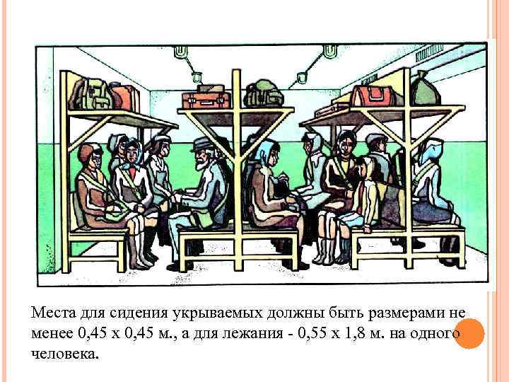 Места для сидения укрываемых должны быть размерами не менее 0, 45 х 0, 45