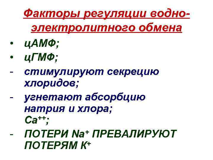 Факторы регуляции водноэлектролитного обмена • ц. АМФ; • ц. ГМФ; - стимулируют секрецию хлоридов;
