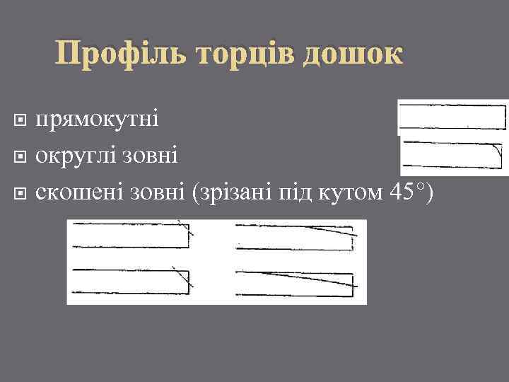 Профіль торців дошок прямокутні округлі зовні скошені зовні (зрізані під кутом 45°) 