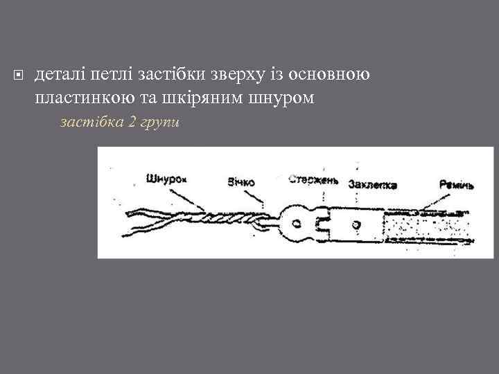  деталі петлі застібки зверху із основною пластинкою та шкіряним шнуром застібка 2 групи