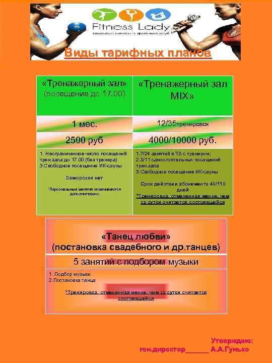 Виды тарифных планов «Тренажерный зал» (посещение до 17. 00) «Тренажерный зал MIX» 1 мес.