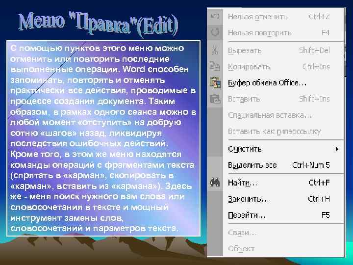 С помощью пунктов этого меню можно отменить или повторить последние выполненные операции. Word способен