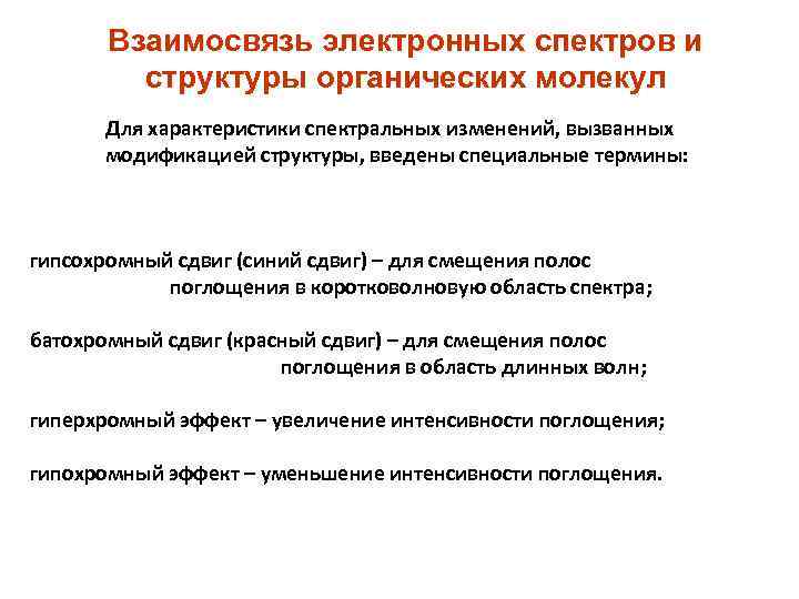 Взаимосвязь электронных спектров и структуры органических молекул Для характеристики спектральных изменений, вызванных модификацией структуры,