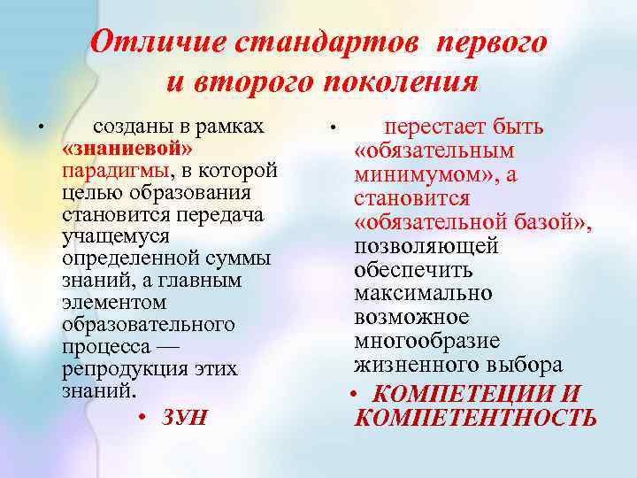 Отличие стандартов первого и второго поколения • созданы в рамках «знаниевой» парадигмы, в которой