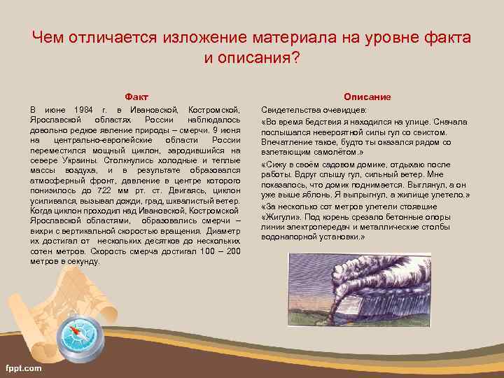 Чем отличается изложение материала на уровне факта и описания? Факт В июне 1984 г.