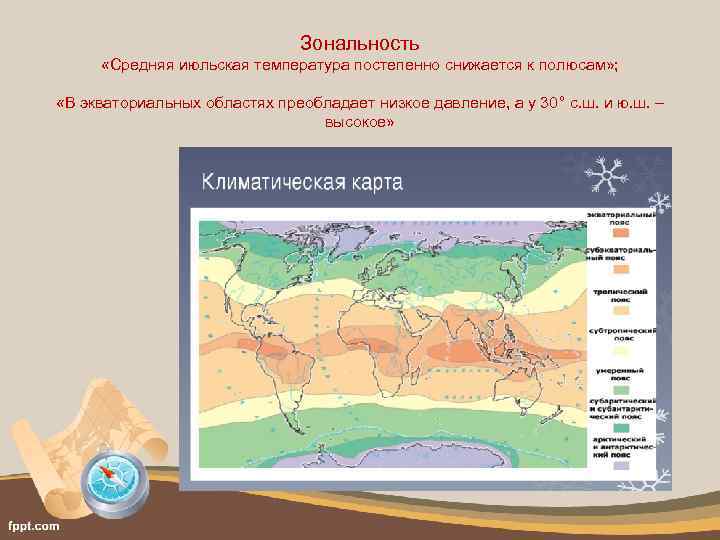 Зональность «Средняя июльская температура постепенно снижается к полюсам» ; «В экваториальных областях преобладает низкое