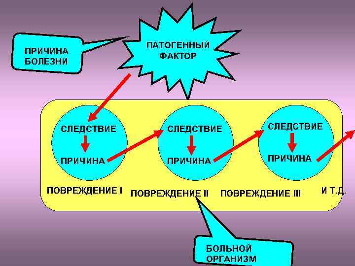  ПАТОГЕННЫЙ ПРИЧИНА ФАКТОР БОЛЕЗНИ СЛЕДСТВИЕ ПРИЧИНА ПОВРЕЖДЕНИЕ III И Т. Д. БОЛЬНОЙ ОРГАНИЗМ