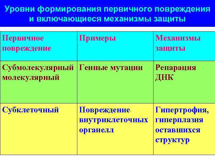 Уровни формирования первичного повреждения и включающиеся механизмы защиты Первичное Примеры Механизмы повреждение защиты Субмолекулярный