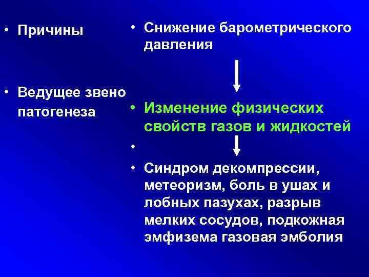  • Причины • Снижение барометрического давления • Ведущее звено патогенеза • Изменение физических