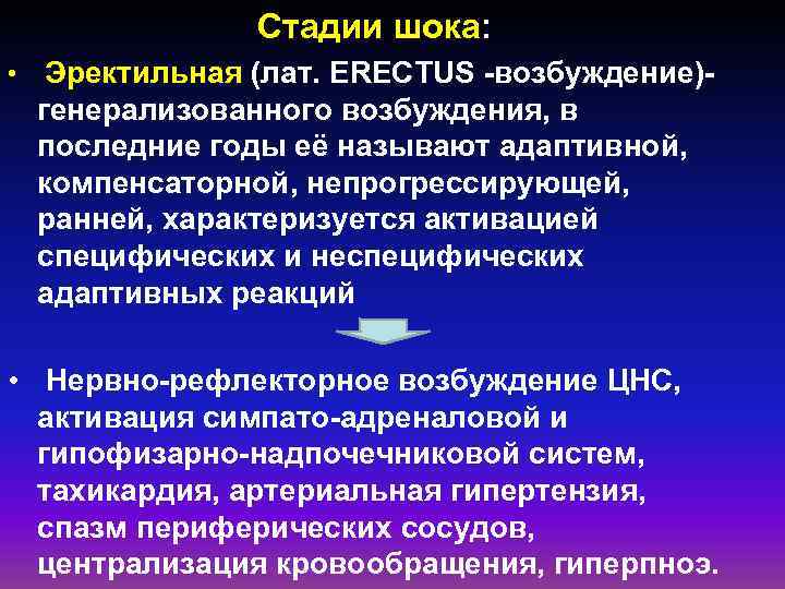 Стадии шока: • Эректильная (лат. ERECTUS -возбуждение)- генерализованного возбуждения, в последние годы её называют