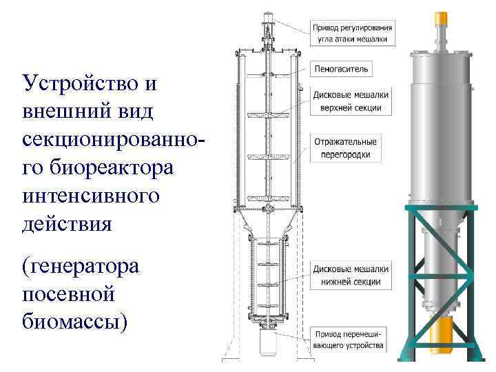 Устройство и внешний вид секционированного биореактора интенсивного действия (генератора посевной биомассы) 