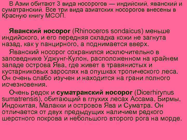 В Азии обитают 3 вида носорогов — индийский, яванский и суматранский. Все три вида