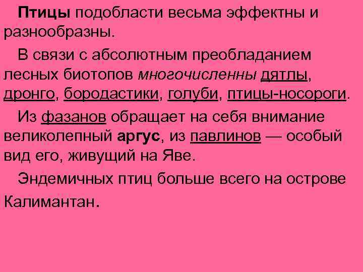 Птицы подобласти весьма эффектны и разнообразны. В связи с абсолютным преобладанием лесных биотопов многочисленны