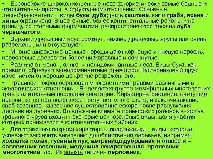  • Европейские широколиственные леса флористически самые бедные и относительно просты в структурном отношении.