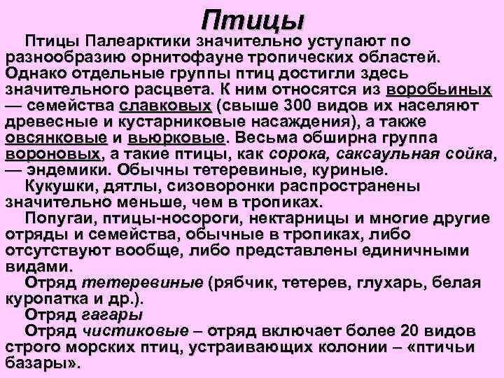 Птицы Палеарктики значительно уступают по разнообразию орнитофауне тропических областей. Однако отдельные группы птиц достигли