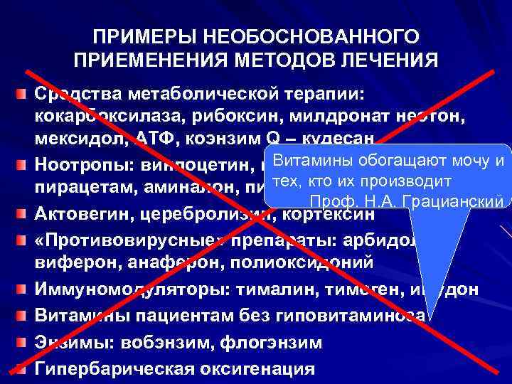 ПРИМЕРЫ НЕОБОСНОВАННОГО ПРИЕМЕНЕНИЯ МЕТОДОВ ЛЕЧЕНИЯ Средства метаболической терапии: кокарбоксилаза, рибоксин, милдронат неотон, мексидол, АТФ,