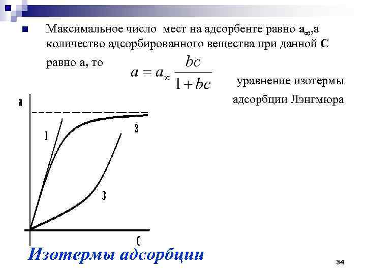 n Максимальное число мест на адсорбенте равно а , а количество адсорбированного вещества при