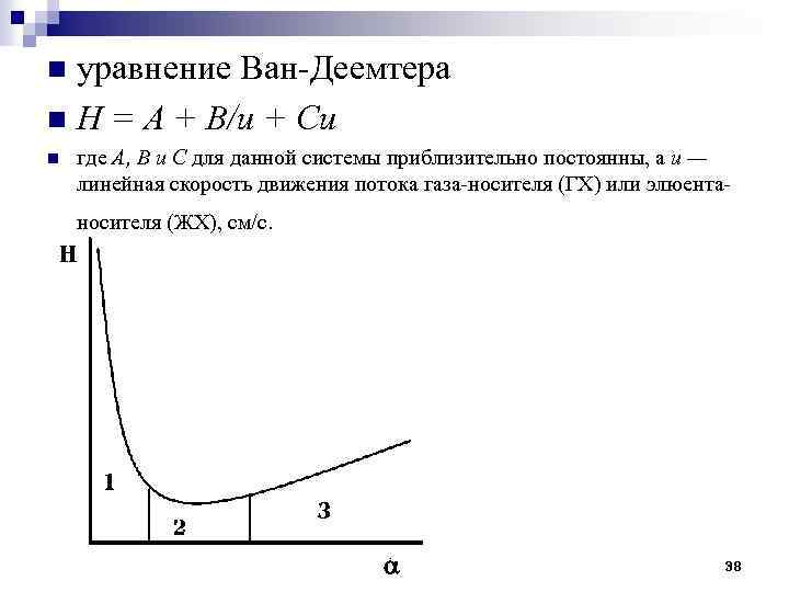 уравнение Ван-Деемтера n Н = А + В/и + Си n n где А,