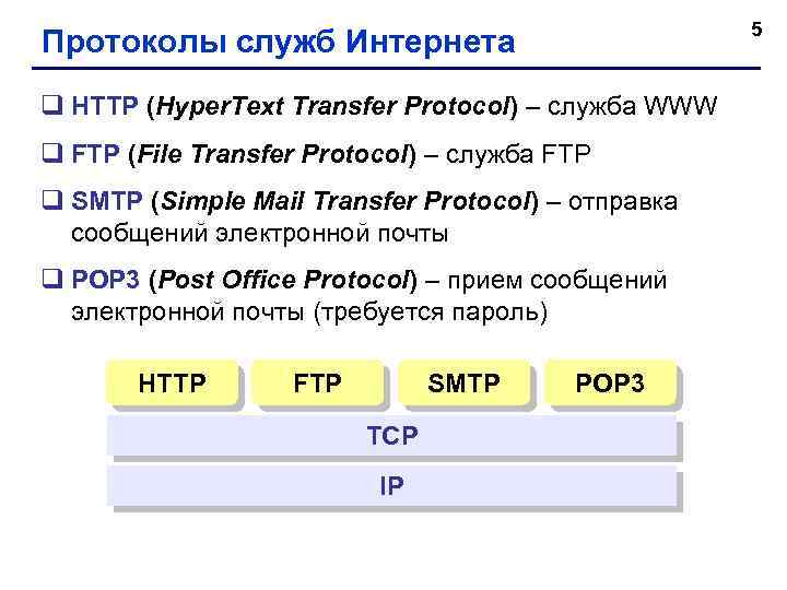 5 Протоколы служб Интернета q HTTP (Hyper. Text Transfer Protocol) – служба WWW q