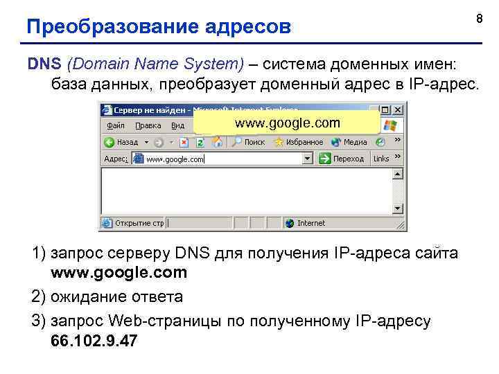 Преобразование адресов 8 DNS (Domain Name System) – система доменных имен: база данных, преобразует