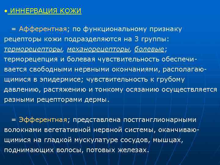  • ИННЕРВАЦИЯ КОЖИ = Афферентная; по функциональному признаку рецепторы кожи подразделяются на 3