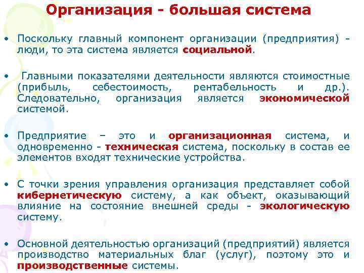Организация - большая система • Поскольку главный компонент организации (предприятия) люди, то эта система