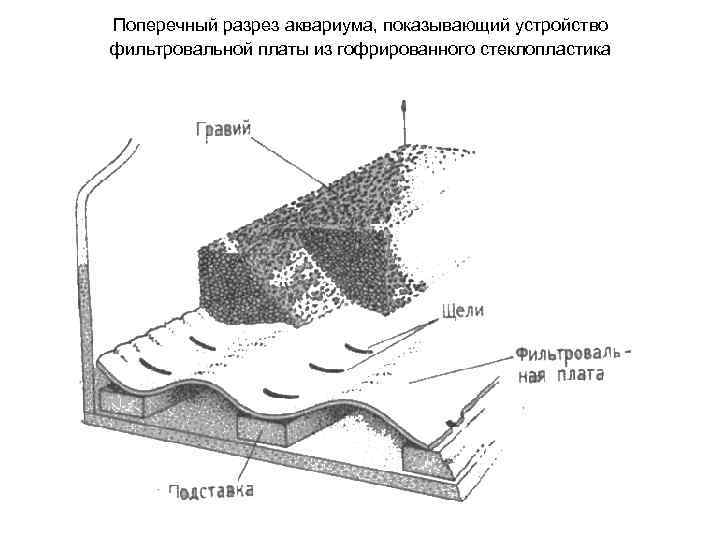 Поперечный разрез аквариума, показывающий устройство фильтровальной платы из гофрированного стеклопластика 
