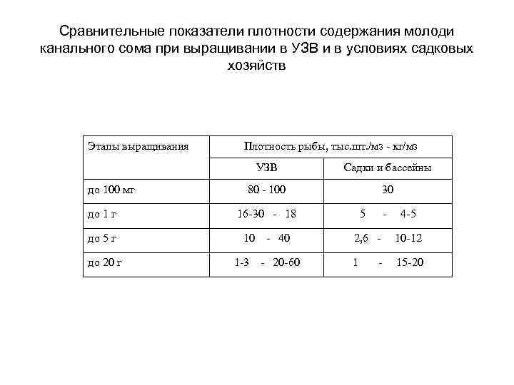 Сравнительные показатели плотности содержания молоди канального сома при выращивании в УЗВ и в условиях