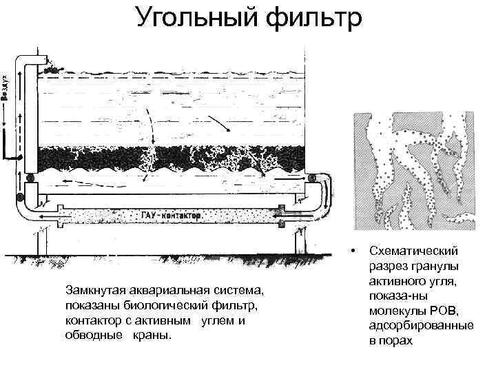 Угольный фильтр • Замкнутая аквариальная система, показаны биологический фильтр, контактор с активным углем и