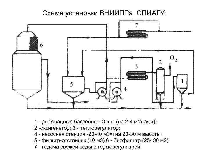 Схема установки ВНИИПРа, СПИАГУ: 1 рыбоводные бассейны 8 шт. (на 2 4 м. Уводы);