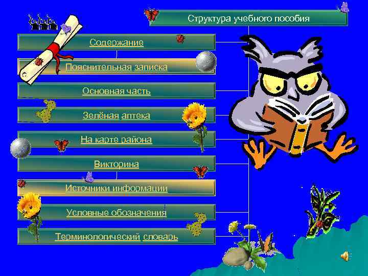 Структура учебного пособия Содержание Пояснительная записка Основная часть Зелёная аптека На карте района Викторина