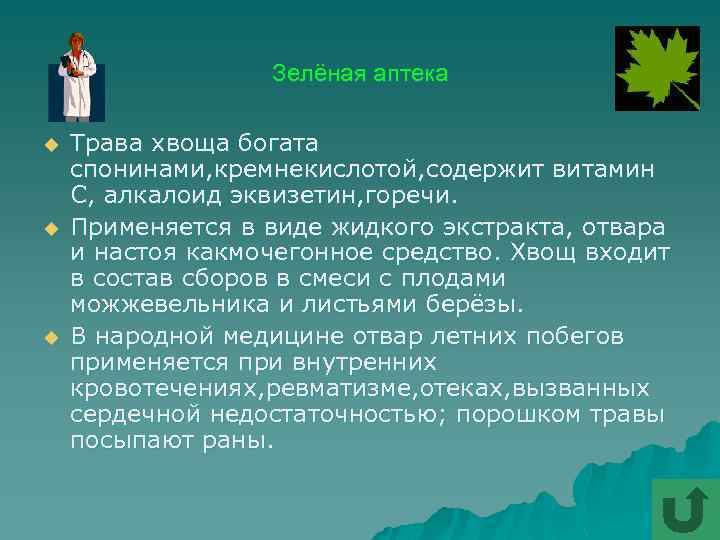 Зелёная аптека u u u Трава хвоща богата спонинами, кремнекислотой, содержит витамин С, алкалоид