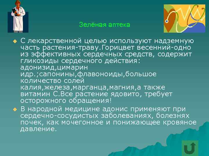 Зелёная аптека u u С лекарственной целью используют надземную часть растения-траву. Горицвет весенний-одно из