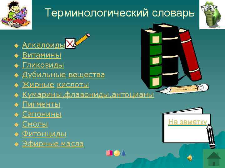 Терминологический словарь u u u Алкалоиды Витамины Гликозиды Дубильные вещества Жирные кислоты Кумарины, флавониды,