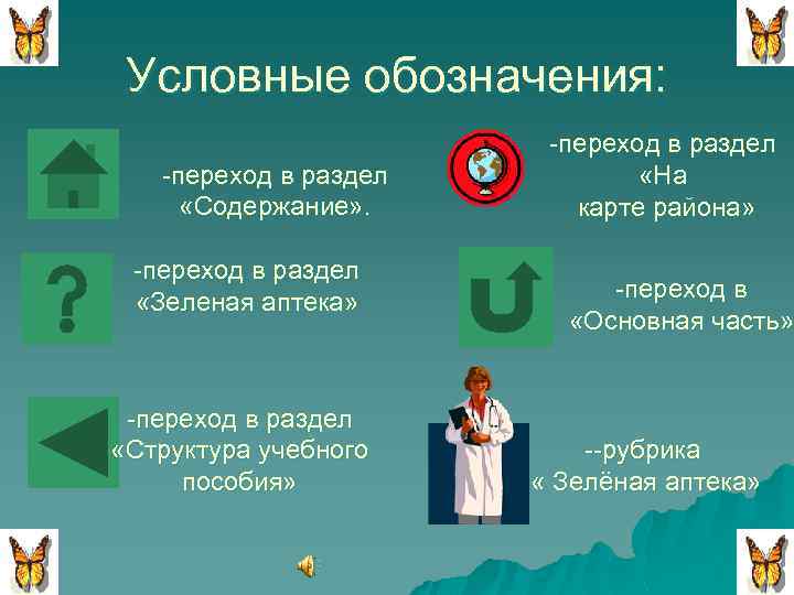 Условные обозначения: -переход в раздел «Содержание» . -переход в раздел «Зеленая аптека» -переход в