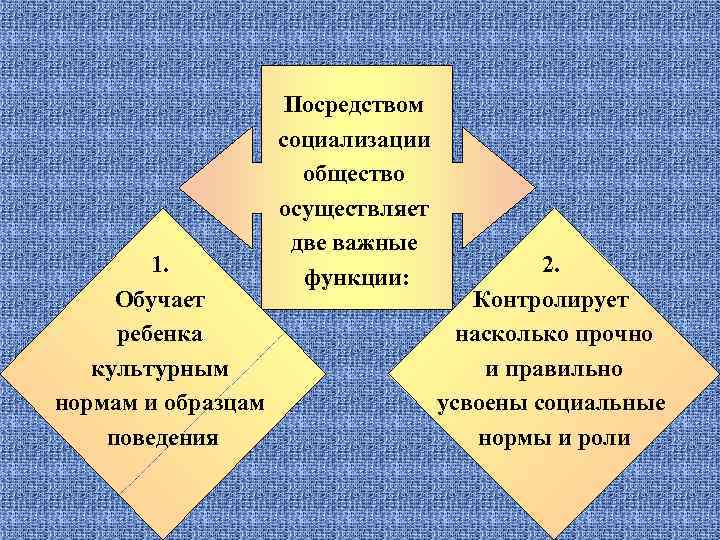 1. Обучает ребенка культурным нормам и образцам поведения Посредством социализации общество осуществляет две важные