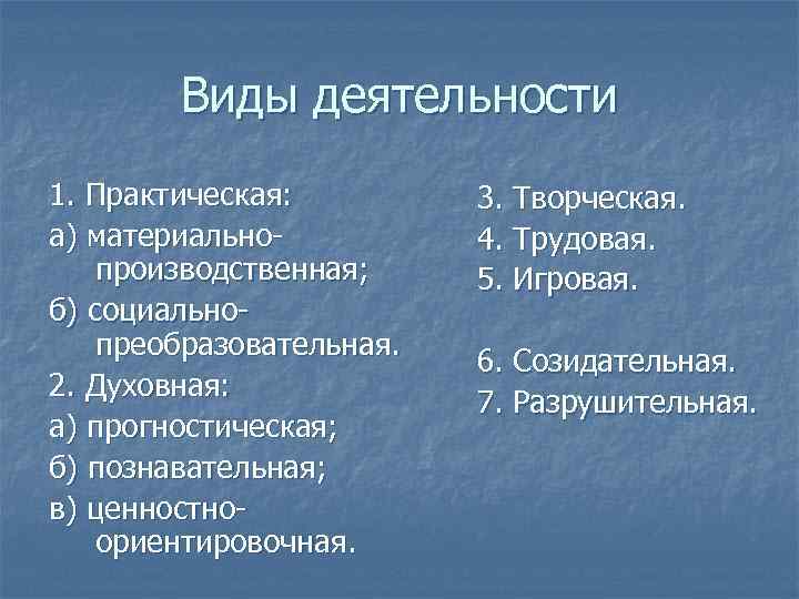 Виды деятельности 1. Практическая: а) материальнопроизводственная; б) социальнопреобразовательная. 2. Духовная: а) прогностическая; б) познавательная;