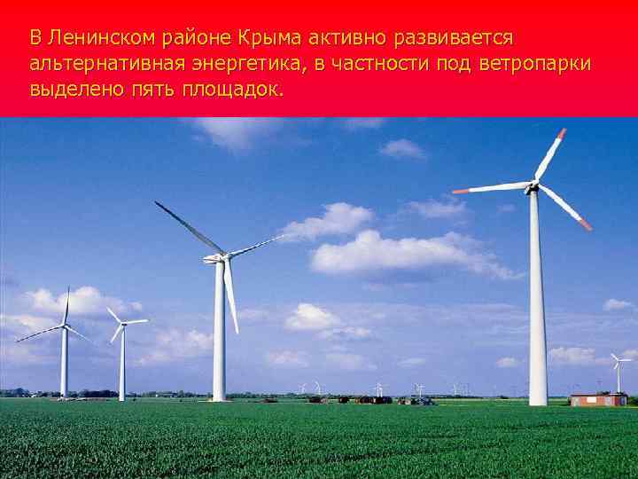 В Ленинском районе Крыма активно развивается альтернативная энергетика, в частности под ветропарки выделено пять