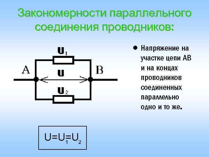 Закономерности параллельного соединения проводников: • Напряжение на участке цепи АВ и на концах проводников