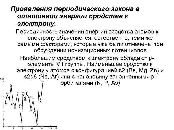 Проявления периодического закона в отношении энергии сродства к электрону. Периодичность значений энергий сродства атомов