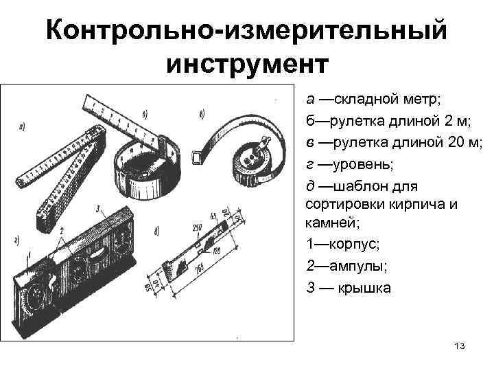 Контрольно-измерительный инструмент а —складной метр; б—рулетка длиной 2 м; в —рулетка длиной 20 м;