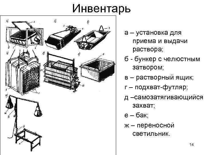 Инвентарь а – установка для приема и выдачи раствора; б - бункер с челюстным
