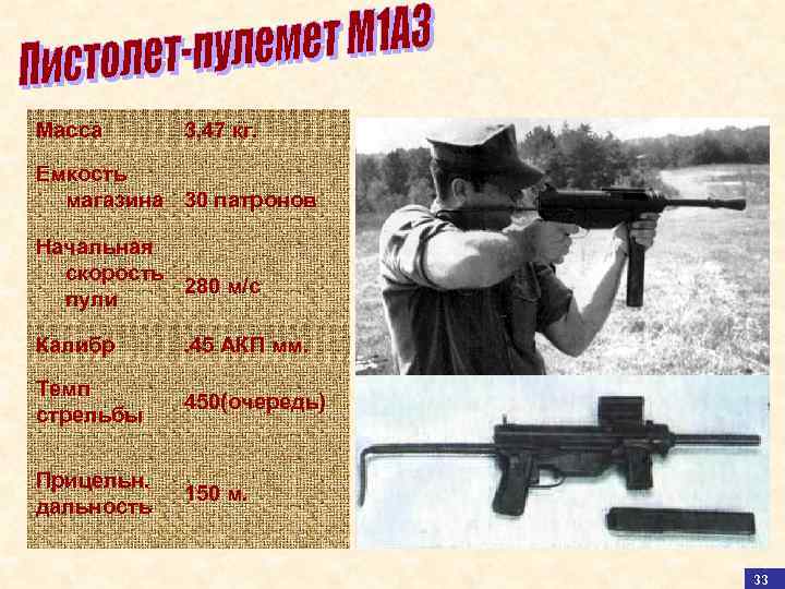 Масса 3, 47 кг. Емкость магазина 30 патронов Начальная скорость 280 м/с пули Калибр