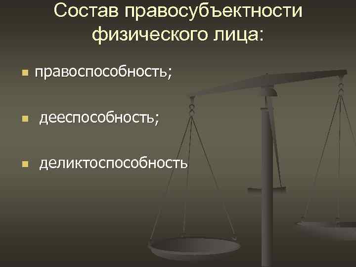 Состав правосубъектности физического лица: n правоспособность; n дееспособность; n деликтоспособность 